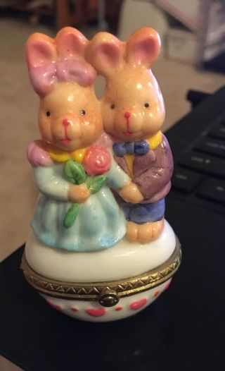 Vintage Ceramic Mini Trinket Box: 2 Bunny Rabbits Bunnies 3 "