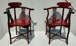 Pair Vintage Chinese Carved Rose Lacquered Wood Corner Chairs Symbols Oriental