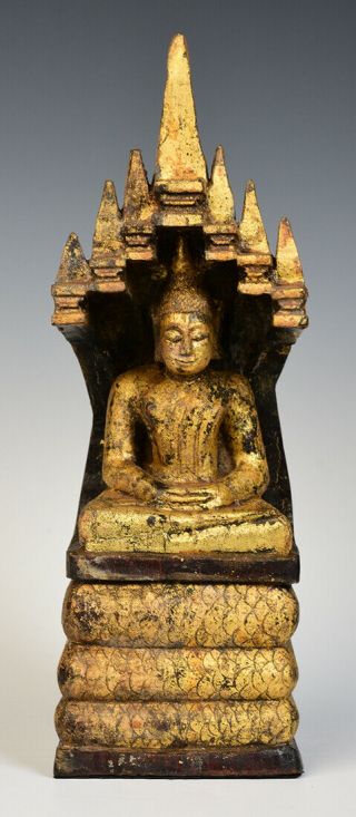 19th C. ,  Antique Laos Wooden Seated Buddha Protected By The Seven - Headed Naga