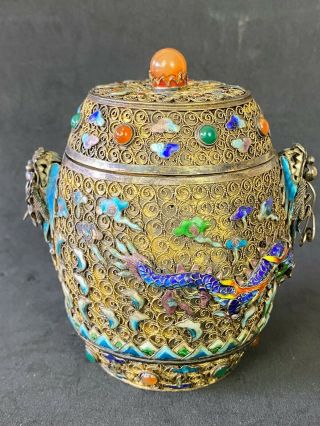 Good Antique Chinese Gilt Silver Filigree Enamels Jeweled Pot Marked 357gr