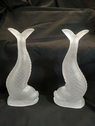 Pair Frosted Italian Glass Fish Dolphin Koi Decanters Bottles Vases Vintage Carp