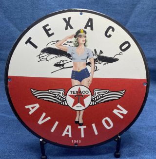 1940 Vintage Texaco Gasoline Porcelain Gas Pin Up Airplane Service Aviation Sign