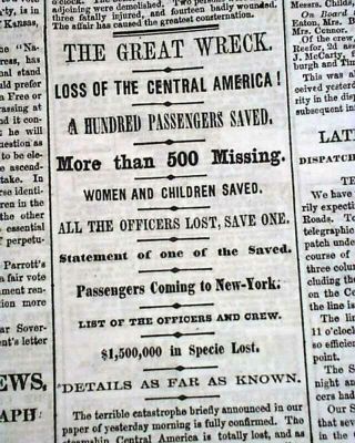 Ss Central America Shipwreck Sinking Sinks Treasure Gold Lost 1857 Old Newspaper