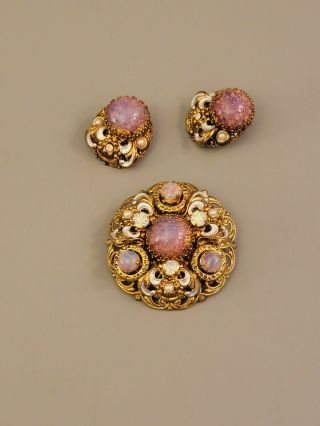 Signed West Germany Vintage Set Brooch Clips Earrings Opal Glass Crystal
