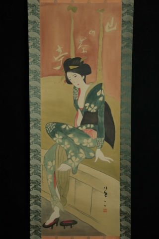 Apr093 Famous Yumeji Takehisa 竹久夢二 Hand Painted Beauty Hanging Scroll On Silk
