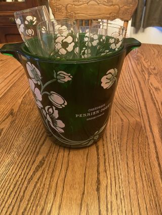 Vintage Perrier - Jouet Green Glass Champagne Ice Bucket,  5 Flute Style Glasses