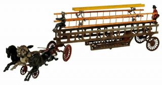 Ca1900 Cast Iron Horse Drawn Fire Engine Ladder Truck By Hubley 34 Inch Long