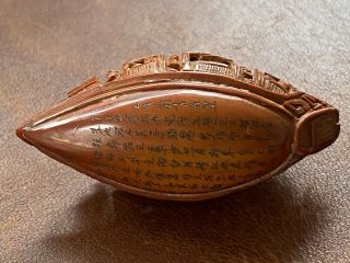 Fine 19th C Antique Chinese Fruit Pit Nut Boat Hediao Carving With Engraved Poem