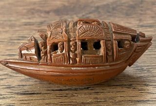 FINE 19th C ANTIQUE CHINESE FRUIT PIT NUT BOAT HEDIAO CARVING WITH ENGRAVED POEM 3
