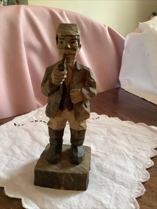 Vintage Black Forest Wood Hand Carved " Man With Pipe " Wooden Figurine