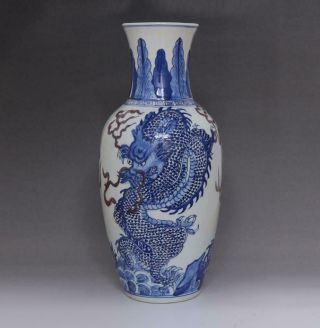Old Rare Chinese Blue And White Porcelain Dragon Vase 43cm (e88)