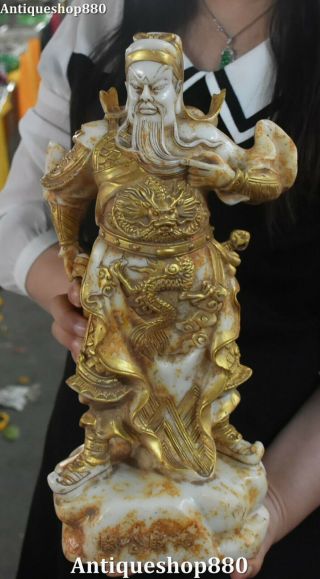 14 " China Old Jade Gilt Carving Dragon Guan Gong Guangong Yu Warrior God Statue