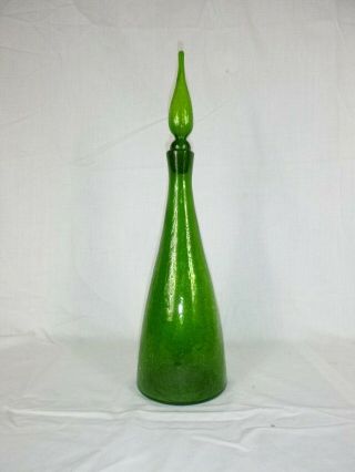 Vtg Mid Century Blenko Glass 920m Decanter Stopper Lime Green Crackle Glass 17 "