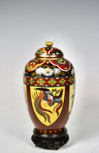 Antique Fine Japanese Meiji Cloisonne Covered Jar Vase Traditional Design