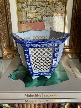 Antique Japanese Blue And White Reticulated Porcelain Planter Vase Pot Bonsai