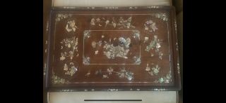 Antique Chinese Rosewood Tray With Inlaid Mother Of Pearl