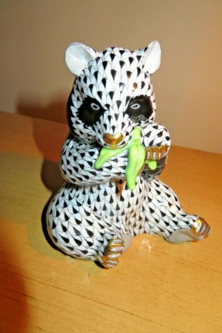 Herend Panda Bear Eating Leaves Porcelain Black Fishnet Near - -