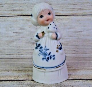 Vintage Jasco Bisque Porcelain Girl Figural Hand Bell Taiwan Blue Floral