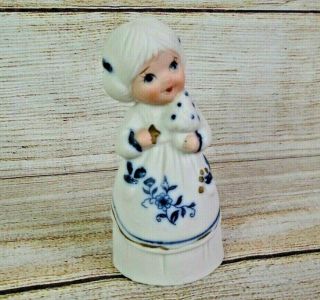 Vintage Jasco Bisque Porcelain Girl Figural Hand Bell Taiwan Blue Floral 2