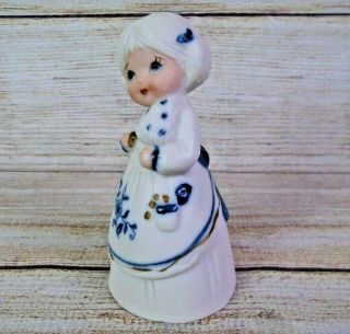 Vintage Jasco Bisque Porcelain Girl Figural Hand Bell Taiwan Blue Floral 3