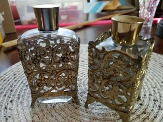 2 Glass Perfume Bottles With Floral Design Brass Tone Metal Stand Vintage