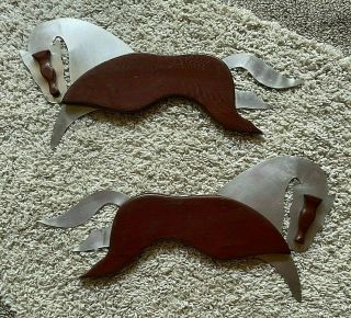 Set Of 2 Vntg Mcm Masketeers Style Handcrafted Wood & Metal Horse Wall Art 22 "