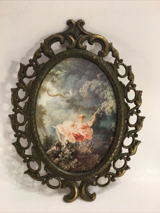 Vintage Ornate Oval Picture Lady On Swing Metal Frame Made In Italy Victorian