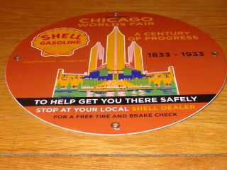 Vintage Shell Chicago Worlds Fair 1933 11 3/4 " Porcelain Metal Gasoline Oil Sign