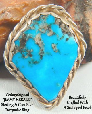 Vintage Navajo Jimmy Herald Sterling Silver & Blue Gem Turquoise Ring Nr