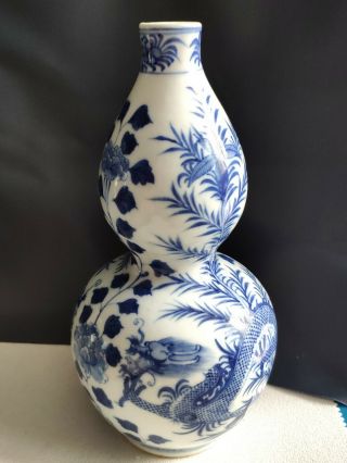 Old Chinese Kangxi Blue&white Porcelain Hand Painting Shuanglong Gourd Vases