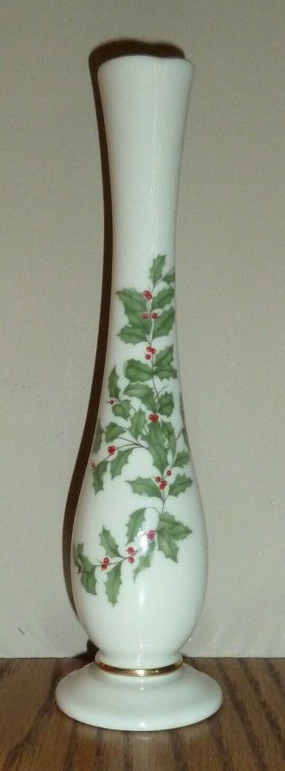 Lenox Fine China Holiday 7 " Bud Vase Holly & Berries Pattern W/24k Gold