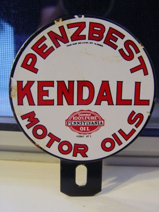 Vintage Kendall Penzbest Motor Oils 2 - Piece Porcelain Oil License Plate Topper