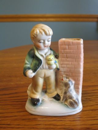 Small Vintage 4 " Figurine Boy W Black & White Dog & Cat By Chimney Vase