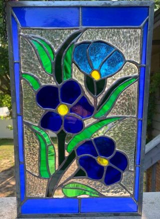Vintage Stained Glass Window Panel Sun Catcher Flowers Blues Greens 17.  5 " X 11 "
