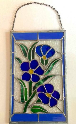 Vintage Stained Glass Window Panel Sun Catcher Flowers Blues Greens 17.  5 
