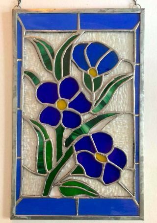 Vintage Stained Glass Window Panel Sun Catcher Flowers Blues Greens 17.  5 
