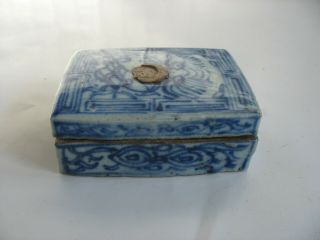 Antique Chinese Painted Blue & White Porcelain Lidded Asian Ink Box Container 2