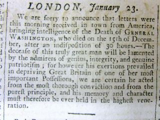 1800 Newspaper With A 1st Report Of The Death Of Ex - President George Washington
