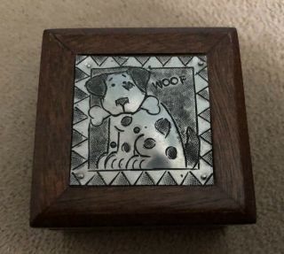 Small Wooden Trinket Box With Inlaid Metal Dog " Woof " Lid In