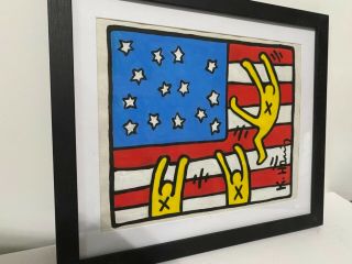 Keith Haring Painting/drawing On Vintage Paper Framed Signed Stamped Rare