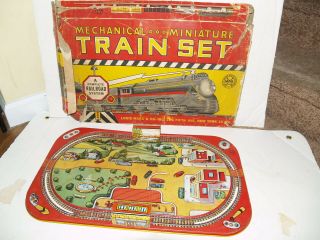 Vintage Marx Mechanical Miniature Train Set Tin Litho Board And Box