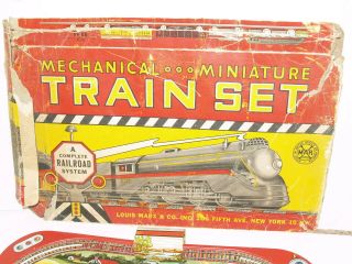 Vintage Marx Mechanical Miniature train set tin litho board and box 2