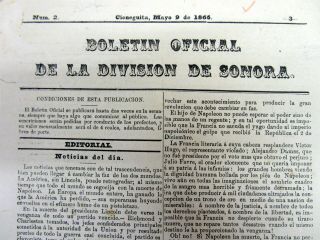 Rare 1865 Sonora Newspaper French Intervention In Mexico,  Lincoln Assassination