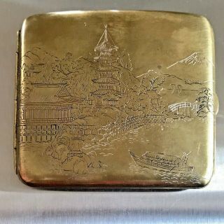 Golden Sterling Silver Japanese Cigarette Case Etched Pagoda Mt Fuji 90g