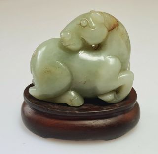 A Fine Qing Dynasty Grey - Green Jade Carving Of A Recumbent Horse With Stand
