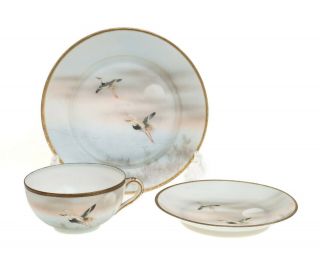 Japanese Kutani Porcelain Hand Painted Cranes Tea Cup Trio Custom For Cla674