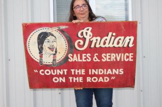 Large Vintage Indian Motorcycle Sales & Service Gas Oil 36 " Metal Sign