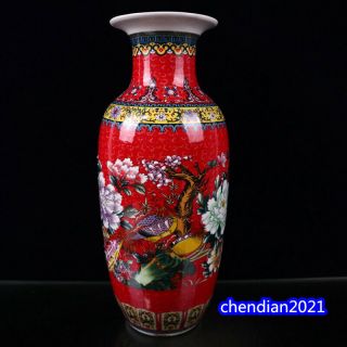 14.  2 " Chinese Antique Porcelain Vase Red Glaze Flower And Bird Designs