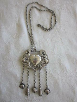 Large Vintage Double Sided Chinese Sterling Silver Lock Pendant On Chain