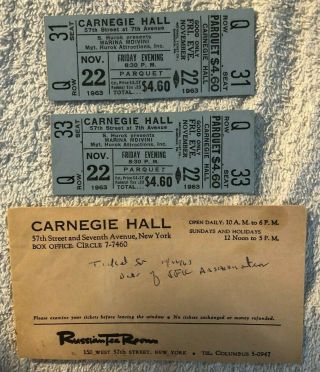 John F.  Kennedy Rare 11/22/63 Carnegie Hall " Press " Tickets (2) W/orig.  Envelope